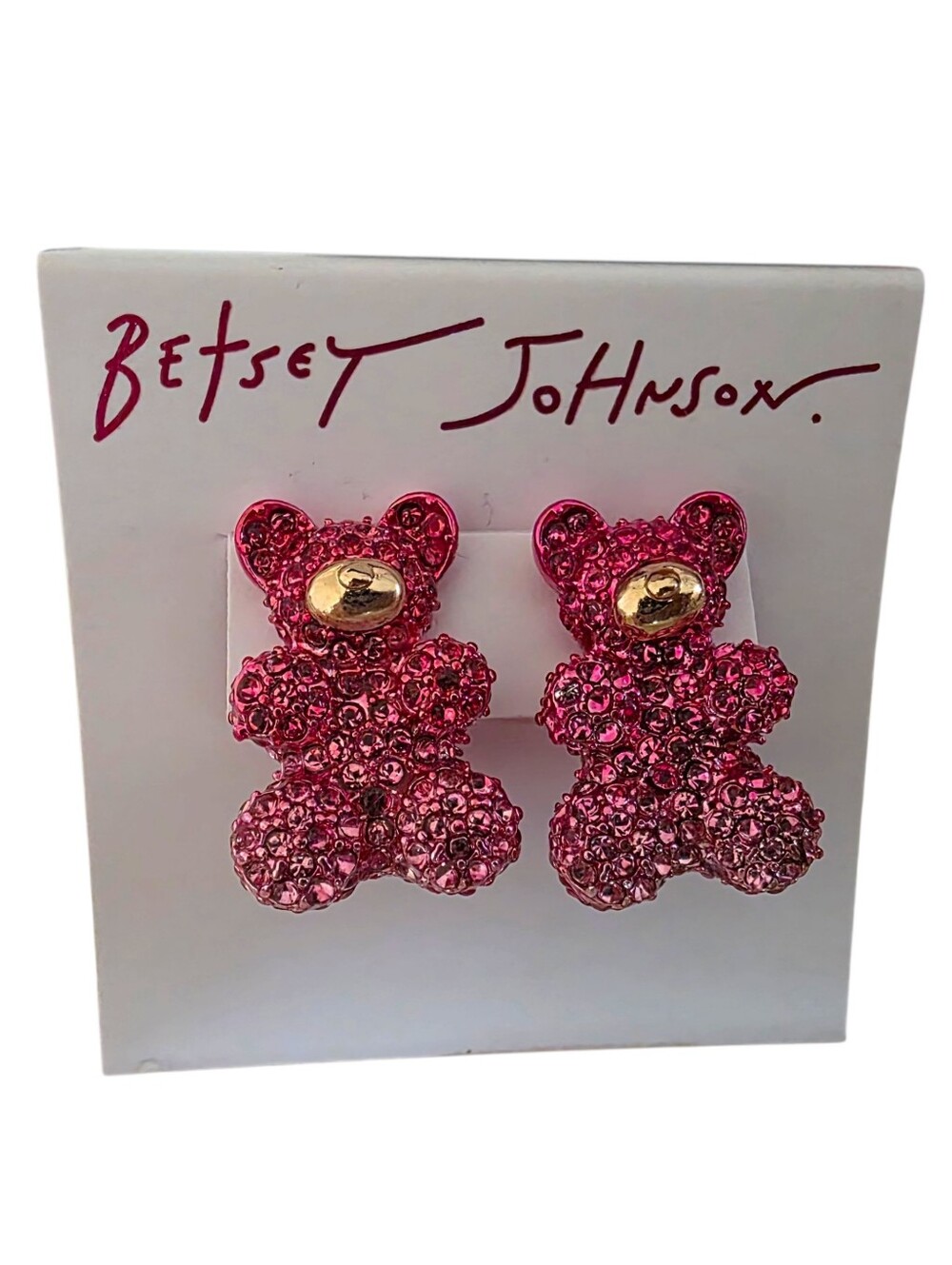 NEW Betsey Johnson Pink Crystal Gummy Pave CZ Teddy Bear Bears Gold Earrings NWT
